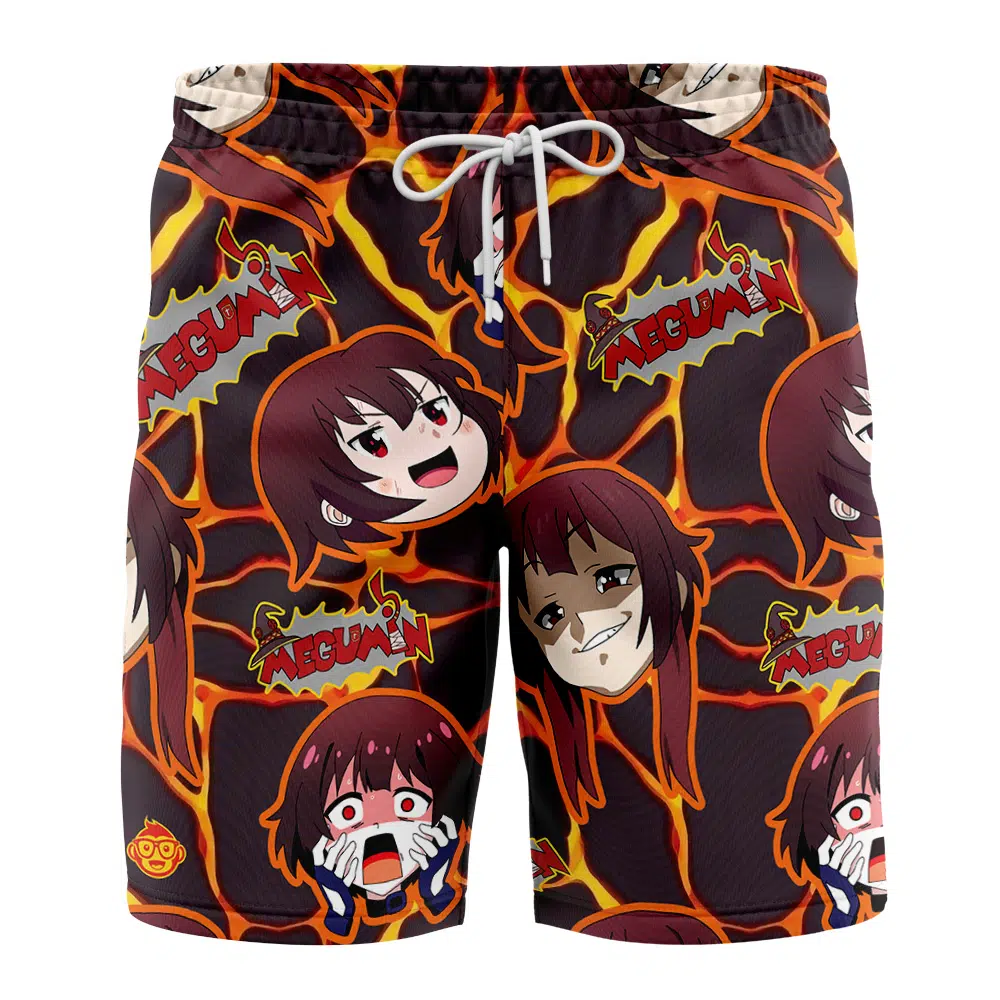 Megumin Konosuba Swim Trunks Board Shorts FRONT Mockup - Konosuba Store
